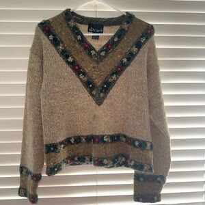 Elegant Beige and Green V-Neck Sweater